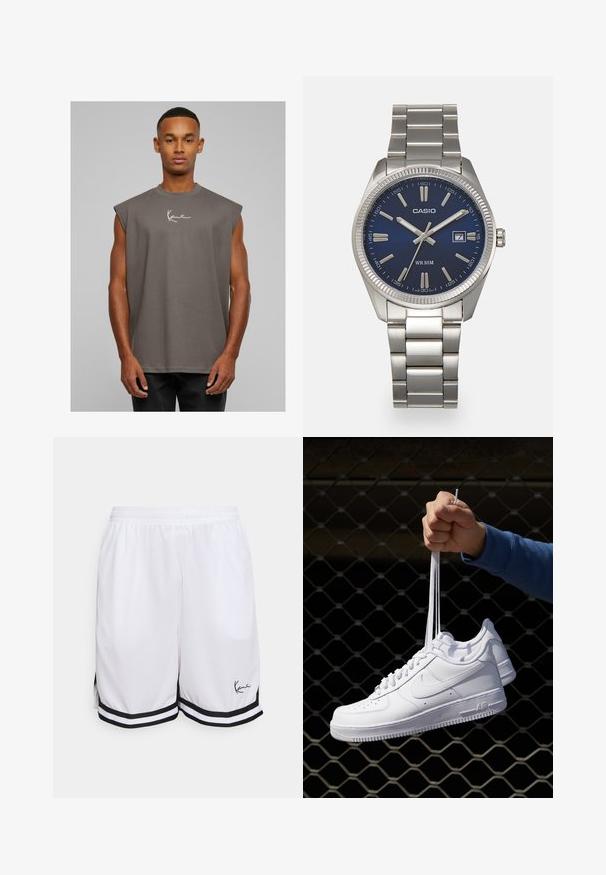 Grå ermeløs T-skjorte med rund hals, laget av mykt stoff, med en hvit signaturlogo på brystet. Enkel design, avslappet passform.; Hvite treningsshorts laget av lett stoff, med en svartstripet kant og et signaturlogo på nederste venstre side.; Hvite skinnsneakers med perforeringer, rund tå, flat såle og tykke lisser, med en synlig swoosh-logo og "AIR" på hælen.; Sølv rustfritt stål armbåndsur med en marineblå urskive, metalliske timemarkører og et datovindu ved 3-tiden. Vanntett opptil 50 meter.