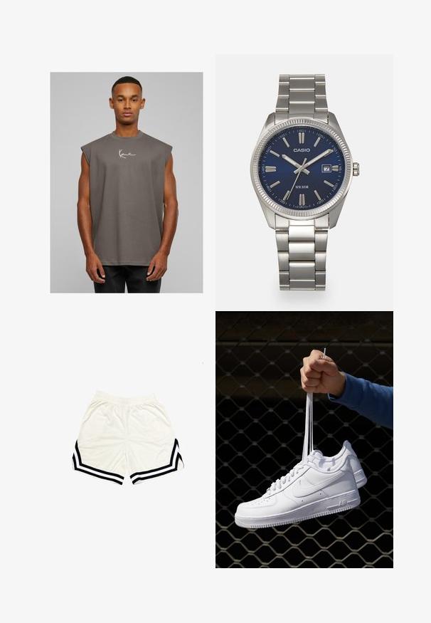 Camiseta sin mangas gris con cuello redondo, hecha de una tela suave, con un logo blanco en el pecho. Diseño simple, corte relajado.; Pantalones cortos deportivos blancos hechos de una tela ligera, con rayas laterales negras y un patrón de chevrón en contraste cerca del dobladillo. Cintura elástica.; Zapatillas de cuero blanco con perforaciones, punta redonda, suela plana y cordones gruesos, con un logo de swoosh visible y "AIR" en el talón.; Reloj de pulsera de acero inoxidable plateado con una esfera azul marina, marcadores horarios metálicos y una ventana de fecha a las 3 en punto. Resistente al agua hasta 50 metros.