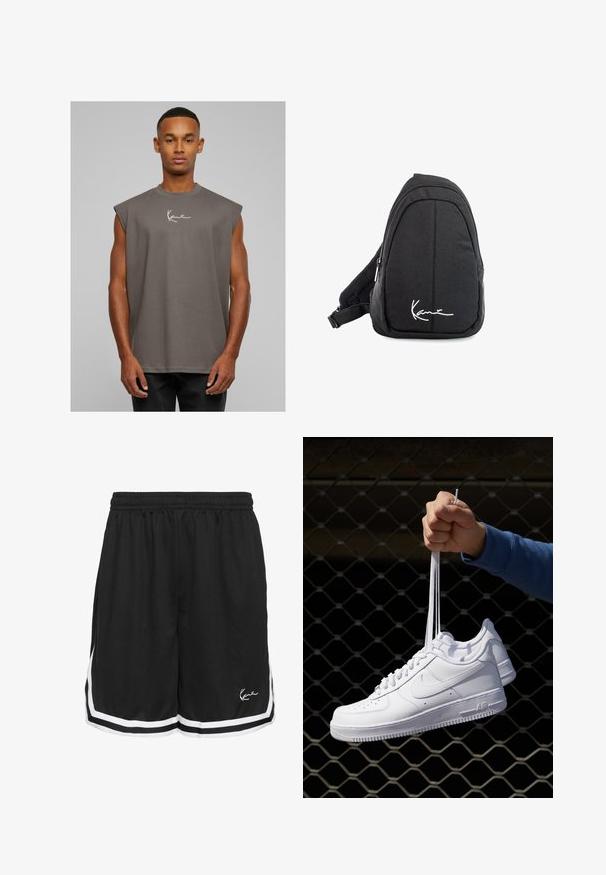 Tricou fără mâneci, gri, cu decolteu rotund, fabricat dintr-un material moale, având un logo alb cu semnătura pe piept. Design simplu, croi lejer.; Shorts sportive negre cu talie elastică, având dungi laterale albe și un logo pe partea din față dreaptă jos. Material ușor texturat.; Adidași albaștri din piele cu perforații, vârf rotund, talpă plată și șireturi groase, cu un logo swoosh vizibil și cu inscripția "AIR" pe toc.; Rucsac tip sling din țesătură neagră, cu o textură netedă, având un design curbat, compartiment cu fermoar și un logo alb pe partea din față.