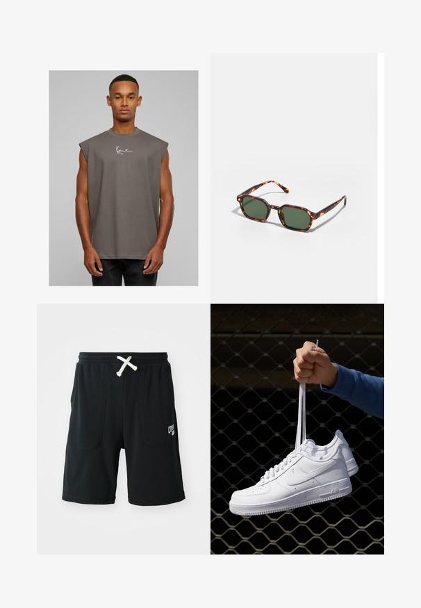Gray sleeveless t-shirt with a round neckline, made of soft fabric, featuring a white signature logo on the chest. Simple design, relaxed fit.; Black shorts made of soft fabric featuring an elastic waistband with a white drawstring, two front pockets, and a logo on the left leg.; White leather sneakers with perforations, round toe, flat sole, and thick laces, featuring a visible swoosh logo and "AIR" on the heel.; Tortoiseshell sunglasses with green lenses, featuring an octagonal shape and slim, curved arms. Material has a glossy finish.