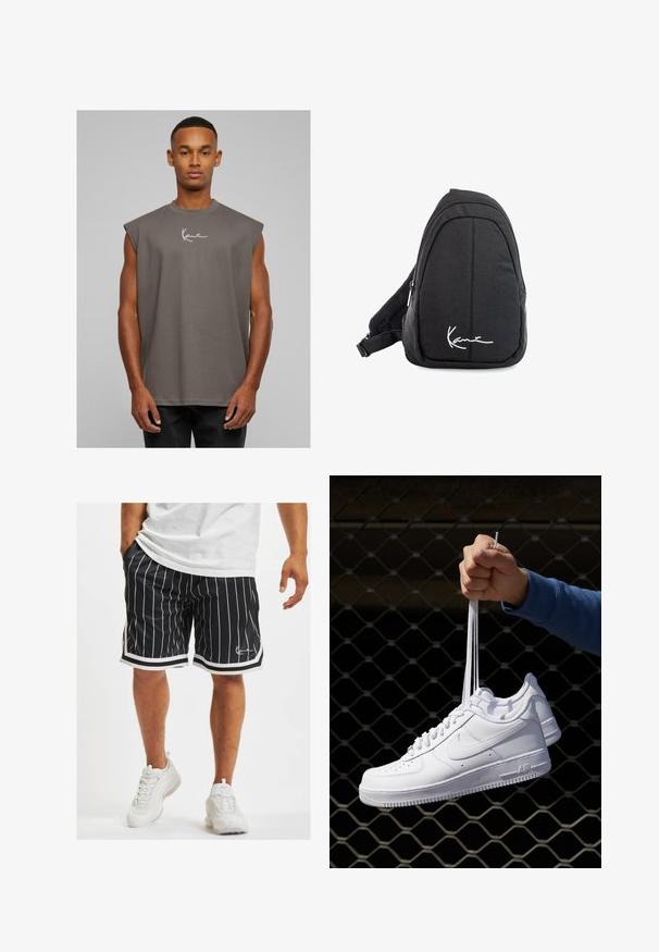 Pilkas be rankovių marškinėliai su apvaliu iškirpimu, pagaminti iš minkštos medžiagos, su balta parašu ant krūtinės. Paprastas dizainas, laisvas apipavidalinimas.; Juodos sportinės šortai su baltomis vertikaliomis juostelėmis, turintys raištelį juosmeniui ir kontrastingą baltą apdailą palei šoninius siūlus ir apatinę kraštą.; Balti odiniai sportiniai bateliai su perforacijomis, apvalia nosimi, plokščiu padu ir storomis raištelėmis, su matomu swoosh logotipu ir "AIR" ant kulno.; Juodas audinio petinis krepšys su lygiu paviršiumi, turintis kreivą dizainą, užtrauktuku uždaromą skyrių ir baltą logotipą priekyje.