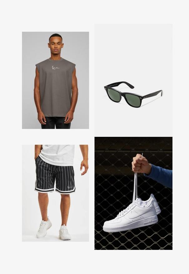 Pilkas be rankovių marškinėliai su apvaliu iškirpimu, pagaminti iš minkštos medžiagos, su balta parašu ant krūtinės. Paprastas dizainas, laisvas apipavidalinimas.; Juodos sportinės šortai su baltomis vertikaliomis juostelėmis, turintys raištelį juosmeniui ir kontrastingą baltą apdailą palei šoninius siūlus ir apatinę kraštą.; Balti odiniai sportiniai bateliai su perforacijomis, apvalia nosimi, plokščiu padu ir storomis raištelėmis, su matomu swoosh logotipu ir "AIR" ant kulno.; Juodi plastikiniai saulės akiniai su žaliais objektyvais, kvadratiniais rėmeliais, sidabriniu akcentu ant antakio ir tekstūruotais šventyklų šakutėmis. Vidinėje šakutėje nurodyta prekės ženklo pavadinimas.