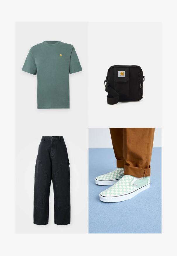 Grønn bomull t-skjorte med rund hals og korte ermer, med en liten gul logo på venstre bryst. Myk tekstur, uformell design.; Sorte denim bredbukser med høy livlinje, to store frontlommer og kneppestang i midjen. Glatt tekstur, uformelt design.; Føtter i brune oppbrettede bukser med pastellgrønne og hvite sjakkmønstrede slip-on Vans sneakers på et lyseblått teppe.; Svart crossover-veske med en glidelåslukking hovedrom, frontlomme, justerbar stropp og et synlig logo-patch på klaffen.