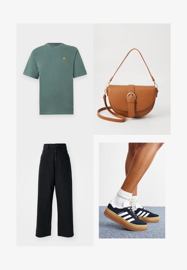 Tricou verde din bumbac, cu guler rotund și mâneci scurte, având un mic logo galben pe partea stângă a pieptului. Textură moale, design casual.; Blugi negri cu talie înaltă, cu picioare largi, dotati cu buzunare frontale și închidere cu nasture, expuși pe un fundal alb simplu.; Adidași negri din piele întoarsă cu dungi și accente albe, vârf rotund, talpă de cauciuc gumă, asortați cu șosete albe cu model nervurat.; Geantă din piele maro, tip crossbody, cu o formă curbată, accesorii aurii și un accent cu cataramă. Dispune de un curea de umăr detașabilă.