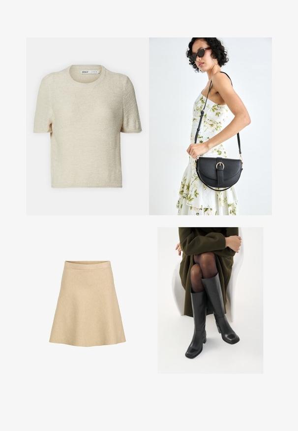 Beige kurzärmliger Strickpullover mit Rundhalsausschnitt, der ein strukturiertes Muster und eine lockere Passform aufweist. Aus leichtem Stoff gefertigt.; Ein beiger, ausgestellter Rock aus einem strukturierten Stoff mit hoher Taille und einem glatten Saum, entworfen für eine einfache und klare Silhouette.; Knöchelhöhe schwarze Lederstiefel mit quadrater Spitze und Blockabsatz, gezeigt mit einem Modell, das einen olivgrünen Mantel trägt. Glatte Textur, minimale Details.; Schwarze Lederhandtasche mit geschwungener Form, abnehmbarem Tragegurt und goldenen Beschlägen. Die Tasche verfügt über einen Deckel mit einer Schnallen-Details.