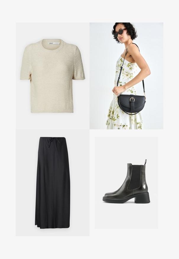 Pulover tricotat cu mâneci scurte, de culoare bej, cu guler rotund, având un model texturat și o croială lejeră. Fabricat dintr-un material ușor.; Fustă maximă neagră, realizată dintr-un material neted și ușor, având o talie cu șnur și o siluetă dreaptă și fluidă. Fără modele sau accente.; Botine negre din piele cu un finisaj neted, panouri laterale elastice și un toc gros. Au un punct de sprijin pentru a fi mai ușor de încălțat.; Geantă din piele neagră, cu o formă curbată, curea detașabilă și accesorii aurii. Geanta are un capac cu un detaliu tip cataramă.