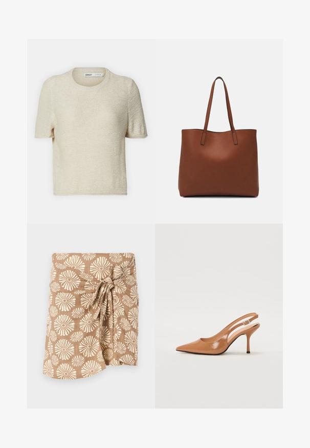 Bežinis trumpas rankovėmis mezginių megztinis su apvalia iškirpte, turintis tekstūruotą raštą ir laisvą siluetą. Pagamintas iš lengvos medžiagos.; Ruda raštuota suknele su dideliais kremiškos spalvos gėlių motyvais, surišama juosmenyje mazgu, pagaminta iš lengvos medžiagos.; Pailgų smailiu pirštu slingback kulnas, pagamintas iš lygaus, blizgaus rudos spalvos medžiagos. Yra kreivų išpjovimų dizainas ir lieknas stiletto kulnas. Sidabrinė sagtis.; Ruda odinė priekabų krepšys su glotnia tekstūra, atviru viršumi ir dviem petnešomis. Su minimalia siuvimo detalėmis ir nematoma aparatūra.