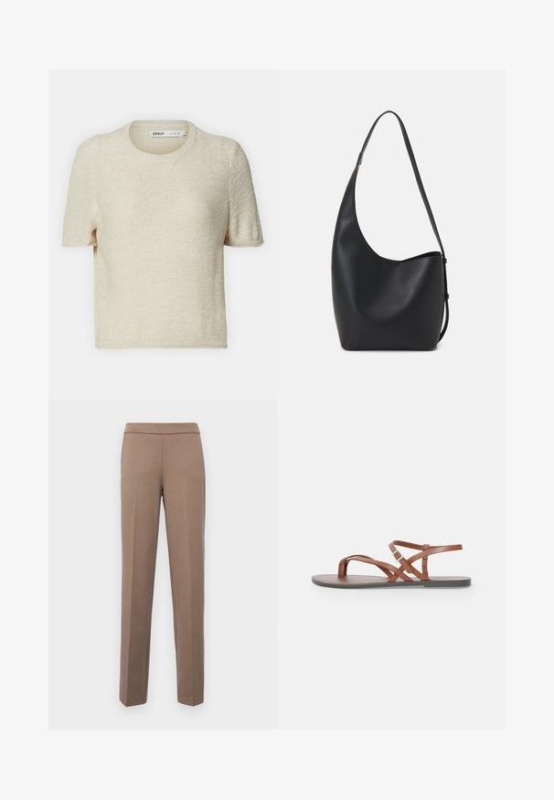 Beige short-sleeve knitted sweater with a crew neck, featuring a textured pattern and a relaxed fit. Made of lightweight fabric.; Brown, fitted trousers with a smooth, stretchy fabric. Straight legs and a flat waistband without visible hardware or pockets.; Brown leather flat sandals with crisscross straps, open toe design, and a buckled ankle strap. Smooth texture and minimalist style.; Black leather hobo bag with a smooth texture, curved shape, and single adjustable strap; features a wide opening at the top.