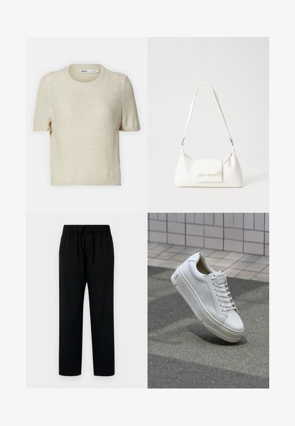 Beige short-sleeve knitted sweater with a crew neck, featuring a textured pattern and a relaxed fit. Made of lightweight fabric.; Black, loose-fitting pants with an elastic waistband and adjustable drawstring. Smooth texture, straight cut, and no visible patterns or hardware.; White leather sneaker with a low-top design, flat laces, rounded toe, and textured sides. Thick rubber sole with subtle accents.; White synthetic handbag with a triangular shape, flat front flap and bow detail, adjustable strap, smooth texture, and minimalistic design.