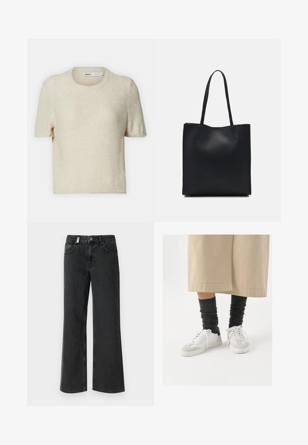 Beige short-sleeve knitted sweater with a crew neck, featuring a textured pattern and a relaxed fit. Made of lightweight fabric.; Black denim wide-leg jeans featuring a mid-rise waist, two front pockets, and contrasting stitching on a smooth fabric texture.; White and gray sneakers with a black heel accent, featuring a smooth leather upper and textured suede toe. Worn with dark gray slouchy socks.; Black leather tote bag with smooth texture, rectangular shape, and two long handles. No visible hardware or embellishments.