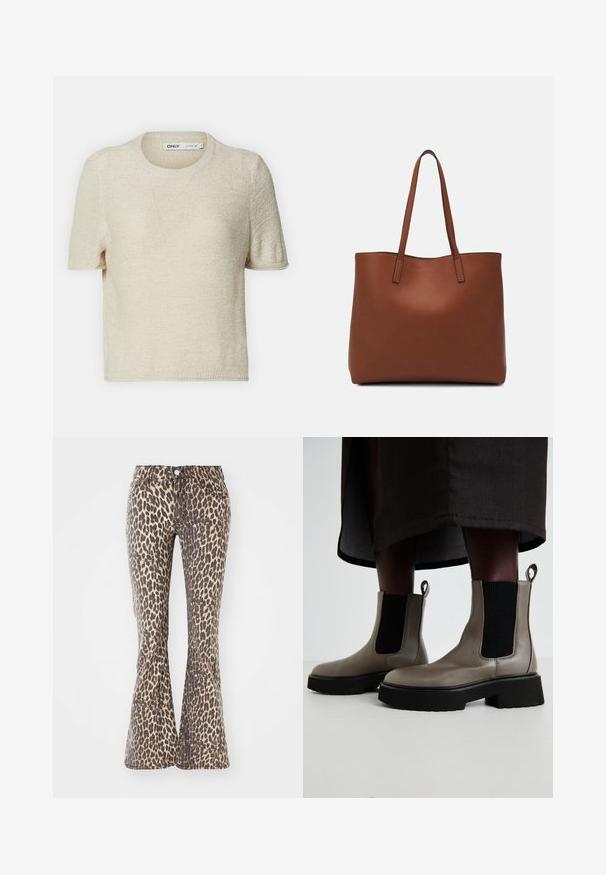 Beez värvi lühikeste varrukatega kudumine sviiter ümarkaelusega, millel on tekstuuriga muster ja mugav lõige. Valmistatud kergest kangast.; Leopardi mustriga flare-teksad beeži ja tumepruuni värviga, kõrge vöökoha, viie tasku ja nööbiga sulgemisega. Denim kangas tekstureeritud viimistlusega.; Hallide hallukad, mis on valmistatud tekstuursest nahast, millel on elastsed külgpaneelid ja massiivne must tald. Omab tõmblukke mugavaks selga panemiseks.; Pruun nahast tote-kott, millel on sile tekstuur, avatud ülaosa disain ja kaks õlarihma. Omab minimaalset õmblust ja nähtavat riistvara ei ole.