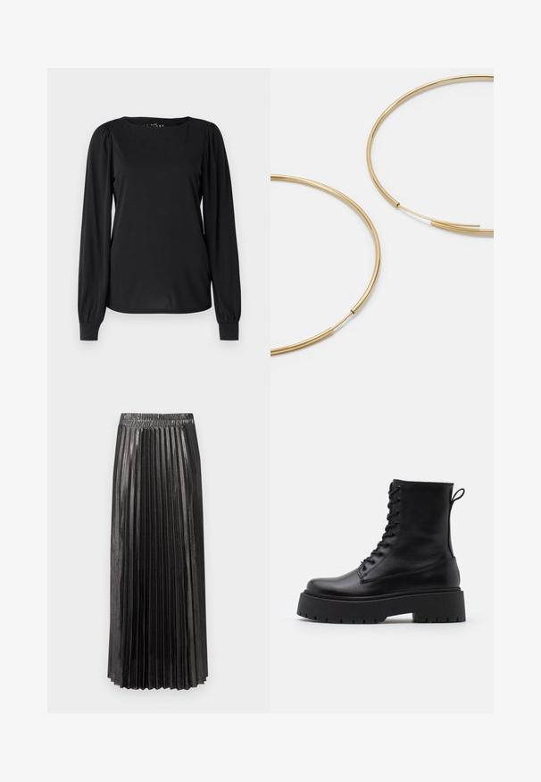 Črn dolg rokav vrh, izdelan iz gladkega blaga, z okroglim izrezom in nabrano obdelavo na ramenih in manšetah.; Črna maksi krila z naborki in elastičnim pasom, ki se ponaša s sijočo, teksturirano površino in vertikalnimi naborki po celotni dolžini.; Črne usnjene gležnjarje z okroglo konico, vezalnim sprednjim delom in debelim gumijastim podplatom z teksturiranim profilom. Zanka na hrbtni strani.; Zlate obroče ušesne uhane, tanke in krožne oblike, z gladko kovinsko površino brez okrasnih elementov ali vzorcev.