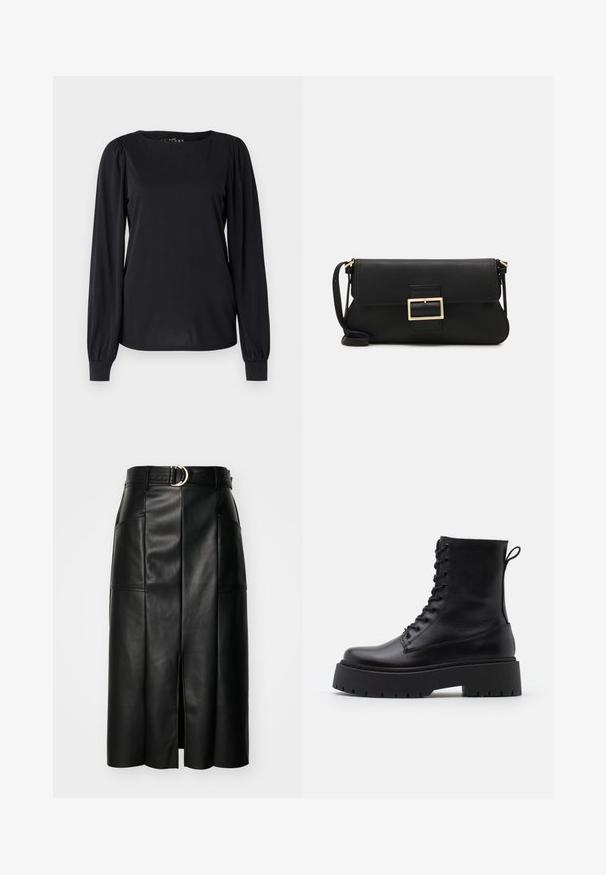 Melnas garām piedurknēm tops, izgatavots no gludas auduma, ar apaļu apkakli un savielkumiem plecu un aproču daļās.; Melnas mākslīgās ādas midi svārki ar priekšējo šķēlumu, teksturētu virsmu un platām jostām ar apaļu metāliski spīdīgu sprādzi.; Melni ādas potītēm zābaki ar apļveida purngalu, auklām priekšpusē un biezu gumijas zoli ar teksturētu protektoru. Velkšanas cilpa aizmugurē.; Melnas ādas saķeres soma ar atloku un zelta metāla sprādzi. Ietver melnu siksnu un elegantu, minimālistisku dizainu.; Zelta krāsas auskari gredzena formā, plāni un apaļi, ar gludu metāla apdari un bez rotājumiem vai zīmējumiem.