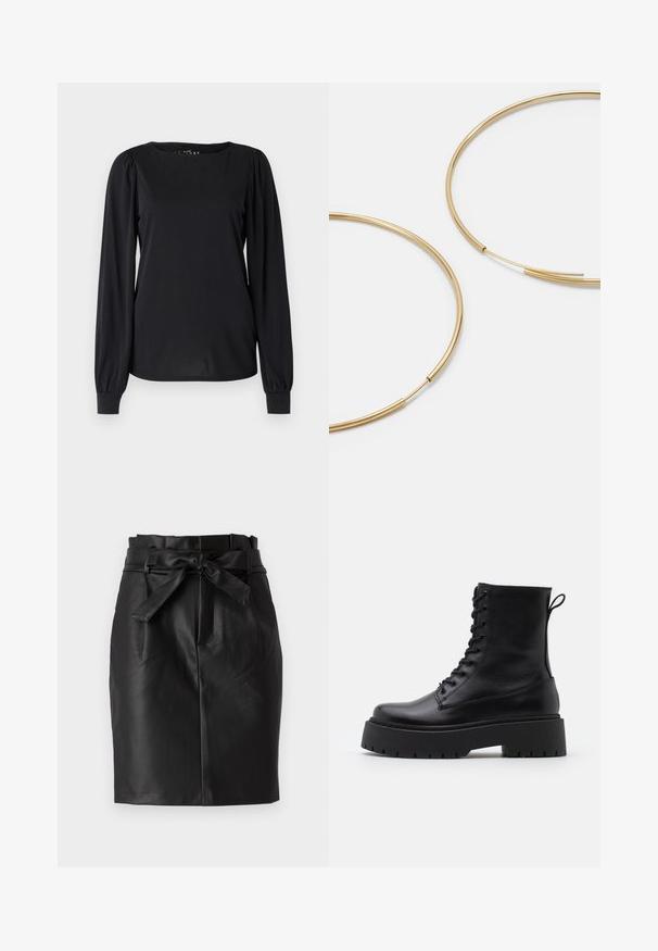 Must be liikuvate detailidega kleit, millel on ümar kaelus ja rippuvad detailid õlgadel ja mansettides.; Must mustrihaged mustraga kõrge talje ja talje geraudiga. Skirt on sujuva, sileda tekstuuriga ja keha külge jalguv siluett.; Mustad mustad nahast pahkluu saapad ümarate varvastega, nööridega esiosas ja paksu kummist talla ning tekstuuritud mustriga. Tagumine tõmbeaas.; Kulla värvi nõelad, õhukesed ja ümmargused, millel on sile metallist pind ja ilma kaunistuste või mustriteta.