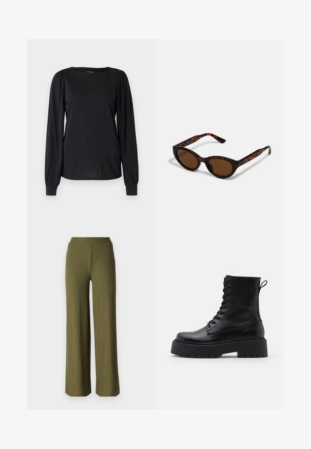 Black long-sleeve top made of smooth fabric, featuring a round neckline and gathered details at the shoulders and cuffs.; Olive green, ribbed wide-leg trousers with a soft texture and elastic waistband. Features a straight cut and long length.; Black leather ankle boots with a round toe, lace-up front, and a thick rubber sole featuring a textured tread. Pull tab at the back.; Brown tortoiseshell sunglasses with a vintage cat-eye shape and brown lenses. Features curved arms with red accents.; Black leather clutch bag with a flap and a gold metal buckle detail. Includes a black strap and a sleek, minimalist design.; Gold hoop earrings with a smooth, shiny finish. Circular design featuring a small post and clear backing for secure wear.