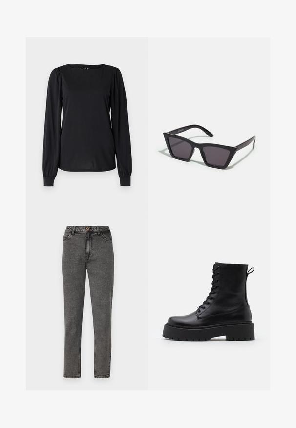 Čierny dlhý rukáv top vyrobený z hladkej látky, so zaobleným výstrihom a nariasenými detailmi na pleciach a manžetách.; Šedé denimové džínsy so strižením priameho strihu, ktoré majú jediný medený gombík, predné vrecká a viditeľné detaily šitia.; Čierne kožené členkové topánky s okrúhlou špičkou, šnurovaním vpredu a hrubou gumovou podrážkou s textúrovaným vzorom. Sťahovací pútko na zadnej strane.; Čierne, ostré slnečné okuliare so sivými sklami; vyrobené z plastu, majú hrubé ramená s hladkým povrchom a bez viditeľnej mechaniky.; Čierna kožená clutch taška s klopou a zlatým kovovým detailom s prackou. Obsahuje čierny remienok a elegantný, minimalistický dizajn.; Zlaté kruhové náušnice s hladkým, lesklým povrchom. Cirkulárny dizajn s malým steblom a jasným záznamom pre bezpečné nosenie.