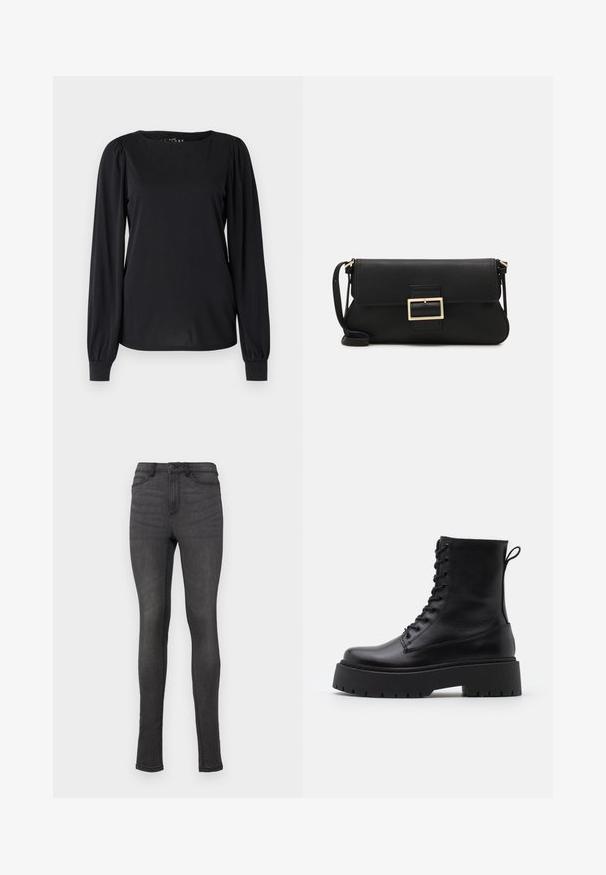 Juodas ilgomis rankovėmis megztinis, pagamintas iš lygaus audinio, su apvaliomis iškirptėmis ir raukiniais pečių ir rankogalių srityse.; Lieknos džinsai, pagaminti iš tamsiai pilkos džinsinės medžiagos, su aukštu juosmeniu, diržo kilpos ir vienu mygtuko uždarymu. Nėra matomų pažeidimų ar raštų.; Juodos odinės aulinukės su apvalia nosimi, raišteliais priekyje ir storesniu guminio pado apačioje su tekstūruotu raštu. Priekyje yra kilputė.; Juodas odinis dėkliukas su atvarteliu ir auksinės metalinės sagties detalėmis. Įeina juodas diržas ir elegantiškas, minimalistinis dizainas.; Aukso spalvos žiedo auskarai, ploni ir apvalūs, su lygiu metaliniu paviršiumi be papuošimų ar raštų.