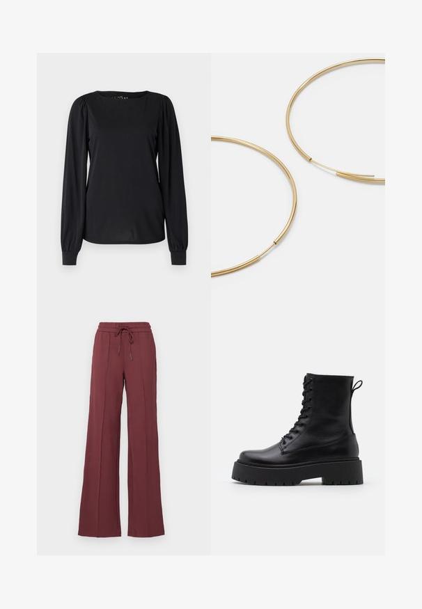 Juodas ilgomis rankovėmis megztinis, pagamintas iš lygaus audinio, su apvaliomis iškirptėmis ir raukiniais pečių ir rankogalių srityse.; Bordo spalvoti laisvi kelnės su raištelio juosmeniu, plačiomis kojomis ir vertikaliomis siūlėmis. Pagamintos iš minkštos, lengvos medžiagos.; Juodos odinės aulinukės su apvalia nosimi, raišteliais priekyje ir storesniu guminio pado apačioje su tekstūruotu raštu. Priekyje yra kilputė.; Aukso spalvos žiedo auskarai, ploni ir apvalūs, su lygiu metaliniu paviršiumi be papuošimų ar raštų.