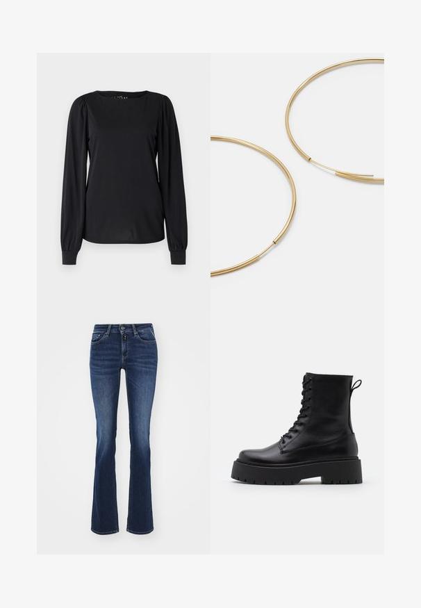 Juodas ilgomis rankovėmis megztinis, pagamintas iš lygaus audinio, su apvaliomis iškirptėmis ir raukiniais pečių ir rankogalių srityse.; Tamsiai mėlynos flare tipo džinsai, pagaminti iš džinsinio audinio, su klasikine penkių kišenių išvaizda, priekyje užtrauktuku ir mygtuku užsegami. Lygi tekstūra ir vidutinio aukščio juosmuo.; Juodos odinės aulinukės su apvalia nosimi, raišteliais priekyje ir storesniu guminio pado apačioje su tekstūruotu raštu. Priekyje yra kilputė.; Aukso spalvos žiedo auskarai, ploni ir apvalūs, su lygiu metaliniu paviršiumi be papuošimų ar raštų.