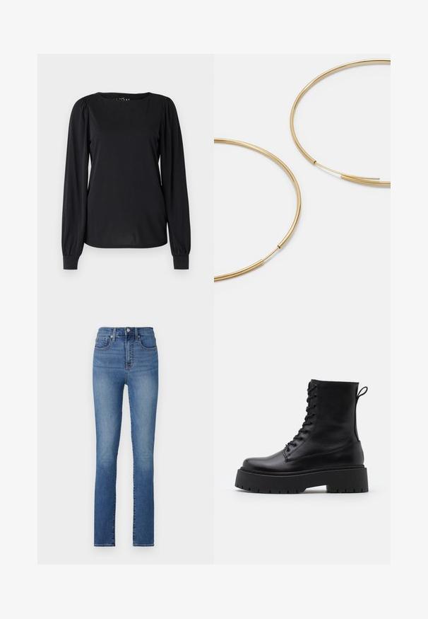 Crni dugi rukav majica od gladke tkanine, s okruglim izrezom i nabranim detaljima na ramenima i manžetama.; Traperice visokog struka u svijetloplavoj boji s ravnim krojem, s pet džepova i suptilnim izbljeđenim detaljima. Klasično zatvaranje na gumb.; Crne kožne gležnjače s okruglim vrhom, vezanjem sprijeda i debelim gumenim potplatom s teksturiranim uzorkom. Tipa: traka za vuču na stražnjoj strani.; Zlatne kružne naušnice, tanke i okrugle, s glatkom metalnom površinom bez ukrasa ili uzoraka.