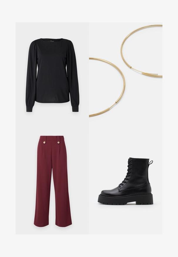Svart långärmad topp i ett slätt tyg, med rund halsringning och veckade detaljer vid axlarna och ärmsluten.; ONLY ONLSANIA TIE BUTTON PANT - Tygbyxor - burgundy; Svarta läderankelboots med rund tå, snörning framtill och en tjock gummisula med strukturerat mönster. Dragflik bak.; Guldiga hoopsörhängen, tunna och runda i formen, med en slät metallisk finish utan utsmyckningar eller mönster.