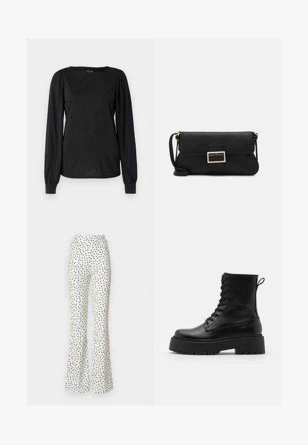 Crni dugi rukav majica od gladke tkanine, s okruglim izrezom i nabranim detaljima na ramenima i manžetama.; Bijele široke hlače s crnim točkicama. Rebrasta tekstura, elastična pojasnica i slobodan kroj kroz noge. Ravni kroj na rubu.; Crne kožne gležnjače s okruglim vrhom, vezanjem sprijeda i debelim gumenim potplatom s teksturiranim uzorkom. Tipa: traka za vuču na stražnjoj strani.; Crna kožna clutch torbica s preklopom i zlatnim metalnim detaljem kopče. Uključuje crnu trakicu i elegantan, minimalistički dizajn.; Zlatne kružne naušnice, tanke i okrugle, s glatkom metalnom površinom bez ukrasa ili uzoraka.