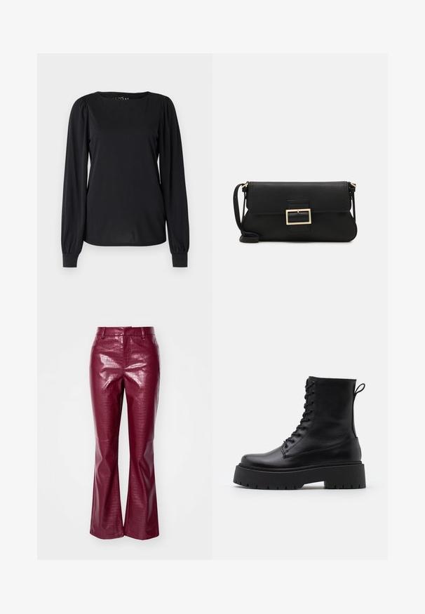 Čierny dlhý rukáv top vyrobený z hladkej látky, so zaobleným výstrihom a nariasenými detailmi na pleciach a manžetách.; Burgundské nohavice z faux kože s lesklým povrchom, s textúrou krokodíla, rozšírenými nohavicami a priliehavým pásom.; Čierne kožené členkové topánky s okrúhlou špičkou, šnurovaním vpredu a hrubou gumovou podrážkou s textúrovaným vzorom. Sťahovací pútko na zadnej strane.; Čierna kožená clutch taška s klopou a zlatým kovovým detailom s prackou. Obsahuje čierny remienok a elegantný, minimalistický dizajn.; Zlaté kruhové náušnice, tenké a okrúhleho tvaru, s hladkým kovovým povrchom a bez ozdôb alebo vzorov.