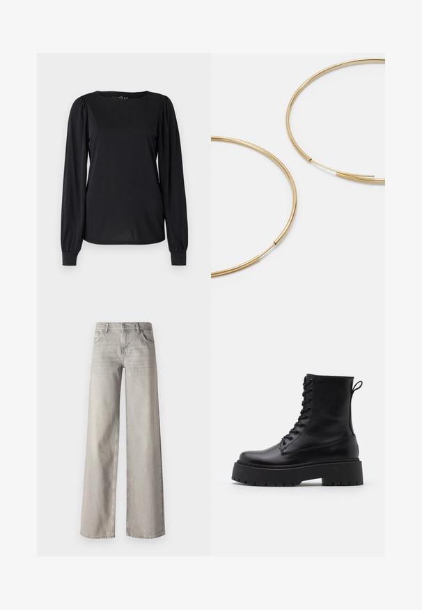 Čierny dlhý rukáv top vyrobený z hladkej látky, so zaobleným výstrihom a nariasenými detailmi na pleciach a manžetách.; Svetlo šedé široké džínsy vyrobené z denimu, s päť pocket dizajnom, predným zapínaním na gombík a mierne vyblednutou textúrou.; Čierne kožené členkové topánky s okrúhlou špičkou, šnurovaním vpredu a hrubou gumovou podrážkou s textúrovaným vzorom. Sťahovací pútko na zadnej strane.; Zlaté kruhové náušnice, tenké a okrúhleho tvaru, s hladkým kovovým povrchom a bez ozdôb alebo vzorov.