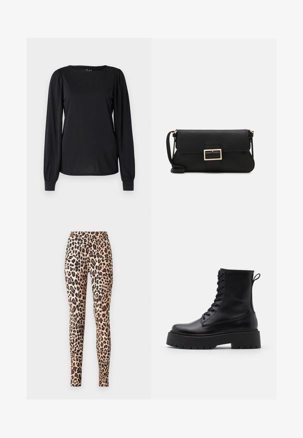 Black long-sleeve top made of smooth fabric, featuring a round neckline and gathered details at the shoulders and cuffs.; ONLY ONLKIM - Leggings - Trousers - cuban sand; Black leather ankle boots with a round toe, lace-up front, and a thick rubber sole featuring a textured tread. Pull tab at the back.; Black leather clutch bag with a flap and a gold metal buckle detail. Includes a black strap and a sleek, minimalist design.; Gold-colored hoop earrings, thin and round in shape, with a smooth metallic finish and no embellishments or patterns.