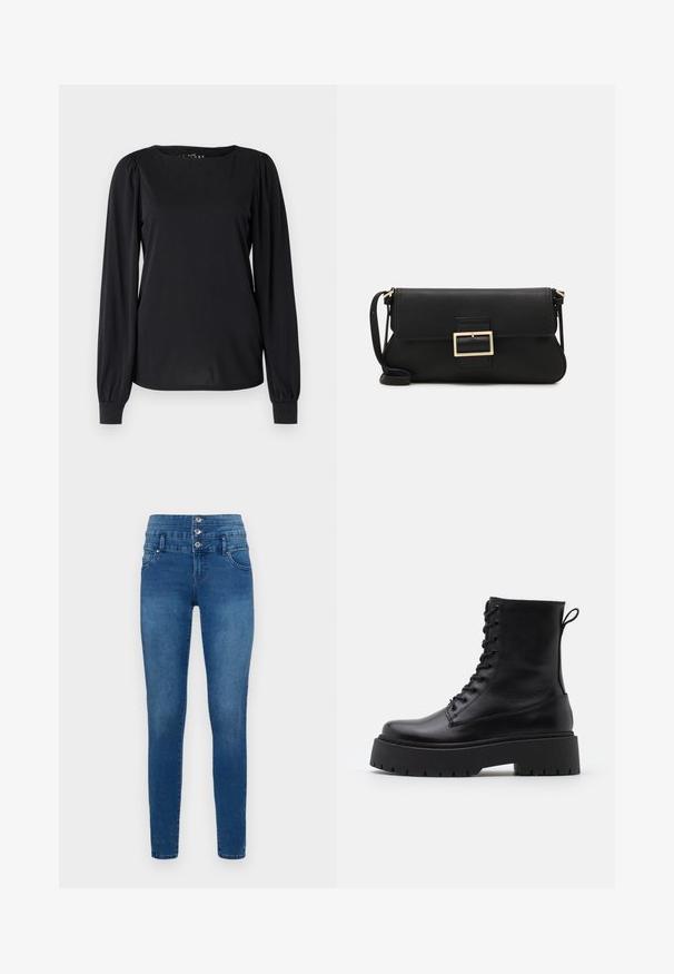 Top negro de manga larga hecho de una tela suave, con un cuello redondo y detalles fruncidos en los hombros y puños.; Jeans ajustados de denim azul, con una cintura alta y tres botones de cierre, bolsillos frontales y una textura suave.; Botas de cuero negras hasta el tobillo con punta redonda, cordones en la parte delantera y una suela de goma gruesa con un dibujo texturizado. Tirador en la parte trasera.; Bolso de mano de cuero negro con una solapa y un detalle de hebilla de metal dorado. Incluye una correa negra y un diseño elegante y minimalista.; Pendientes de aro color dorado, delgados y redondos, con un acabado metálico suave y sin adornos ni patrones.