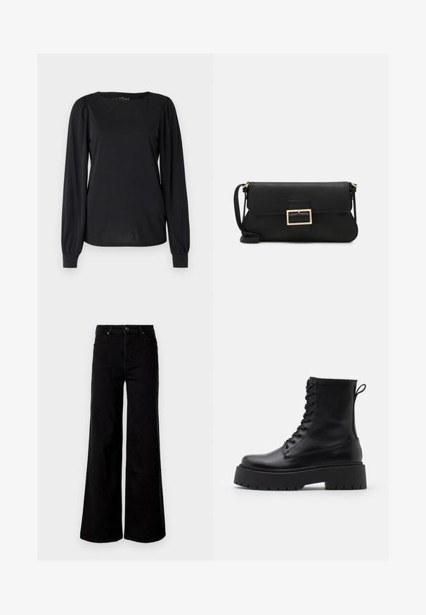Haut noir à manches longues en tissu lisse, avec un col rond et des détails froncés aux épaules et aux poignets.; Jeans noirs taille haute à jambes larges avec poches avant et arrière, fermeture à bouton, et passants de ceinture sur un fond blanc uni.; Bottines en cuir noir avec un bout rond, un laçage à l'avant et une épaisse semelle en caoutchouc dotée d'un motif texturé. Tirer au dos.; Pochette en cuir noir avec un rabat et un détail en boucle en métal doré. Inclut une sangle noire et un design épuré et minimaliste.; Boucles d'oreilles en or avec une finition lisse et brillante. Design circulaire présentant un petit clou et une attache transparente pour un port sécurisé.