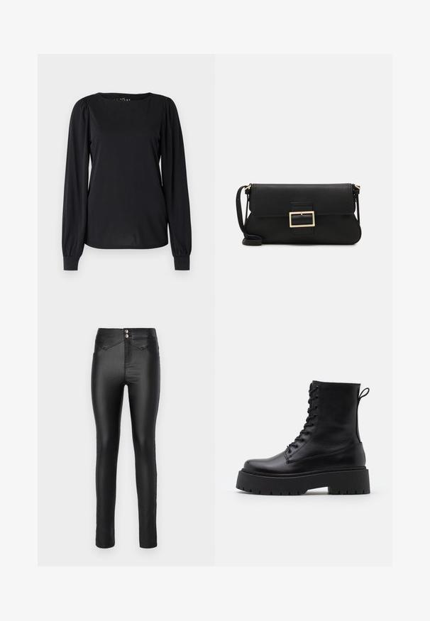 Haut noir à manches longues en tissu lisse, avec un col rond et des détails froncés aux épaules et aux poignets.; Jeans skinny noirs taille haute fabriqués à partir d'un matériau lisse et extensible. Deux boutons en métal argenté à la taille et des détails de couture minimaux.; Bottines en cuir noir avec un bout rond, un laçage à l'avant et une épaisse semelle en caoutchouc dotée d'un motif texturé. Tirer au dos.; Pochette en cuir noir avec un rabat et un détail en boucle en métal doré. Inclut une sangle noire et un design épuré et minimaliste.; Boucles d'oreilles en forme de créole dorées, fines et rondes, avec une finition métallique lisse et sans embellissements ni motifs.