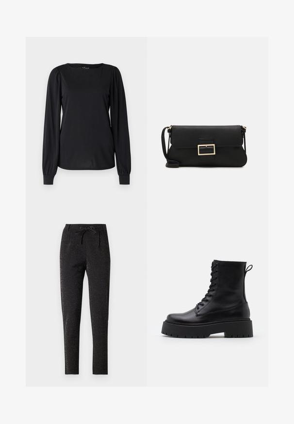 Zwarte lange mouwen top van gladde stof, met een ronde halslijn en geraffineerde details op de schouders en manchetten.; Zwarte broeken met een subtiele glinsterende effect, voorzien van een trekkoord in de taille, een getailleerd ontwerp en een taps toelopende pijp voor een aansluitende silhoeet.; Zwarte leren enkelboots met een ronde neus, vetersluiting aan de voorkant en een dikke rubberen zool met een gestructureerd profiel. Trekbandje aan de achterkant.; Zwarte leren clutch met een klep en een gouden metalen sluiting. Inclusief een zwarte schouderband en een slank, minimalistisch ontwerp.; Gouden oorringen, dun en rond van vorm, met een gladde metallic afwerking en zonder versieringen of patronen.