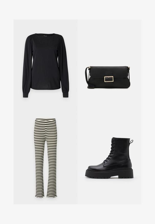 Zwarte lange mouwen top van gladde stof, met een ronde halslijn en geraffineerde details op de schouders en manchetten.; Mads Nørgaard STRIPE LONNIE PANTS - Broek - rosin/vanilla ice; Zwarte leren enkelboots met een ronde neus, vetersluiting aan de voorkant en een dikke rubberen zool met een gestructureerd profiel. Trekbandje aan de achterkant.; Zwarte leren clutch met een klep en een gouden metalen sluiting. Inclusief een zwarte schouderband en een slank, minimalistisch ontwerp.; Gouden oorringen, dun en rond van vorm, met een gladde metallic afwerking en zonder versieringen of patronen.