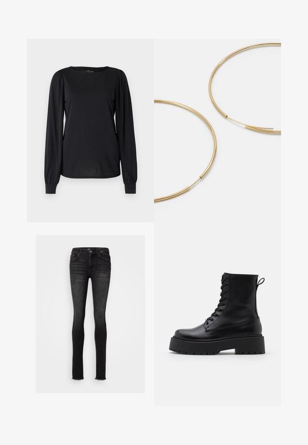 Top negro de manga larga hecho de una tela suave, con un cuello redondo y detalles fruncidos en los hombros y puños.; Jeans ajustados negros de mezclilla, con un dobladillo deshilachado, cinco bolsillos y cierre frontal con botón y pasadores para cinturón.; Botas de cuero negras hasta el tobillo con punta redonda, cordones en la parte delantera y una suela de goma gruesa con un dibujo texturizado. Tirador en la parte trasera.; Pendientes de aro color dorado, delgados y redondos, con un acabado metálico suave y sin adornos ni patrones.