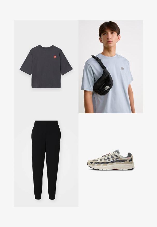 T-shirt de manga curta, cinza escuro, feito de algodão. Apresenta um patch de logótipo vermelho em forma de quadrado na área do peito esquerdo. Corte regular com decote redondo.; Calças de jogging pretas feitas de tecido suave, com pernas ajustadas, faixa elástica na cintura e punhos canelados, apresentando costuras laterais para um visual elegante.; Sapatilha de corrida bege com detalhes em malha cinza e camurça, com realces brancos, sola preta, branding vermelho e um design exclusivo em cruz na parte superior.; Saco crossbody preto em nylon com alça ajustável, apresentando um logotipo branco em destaque. Usado sobre uma t-shirt azul clara. Design simples e funcional.