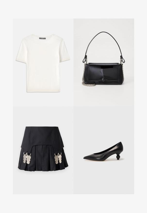 Top de punto corto de manga blanca con cuello redondo, que presenta una textura suave y sutiles detalles acanalados en las mangas y el dobladillo.; Falda negra con plisados que presenta detalles de metal en los laterales, hecha de un tejido estructurado con una textura suave y un diseño limpio.; Zapato de tacón alto de cuero negro con puntera afilada y un tacón redondeado y abombado. Textura suave con un diseño elegante y minimalista.; Bolso de mano de charol negro con forma rectangular, correa de cadena y un acento de hardware distintivo en el centro. Textura suave.