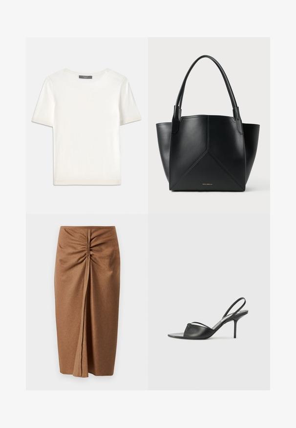 Fehér, rövid ujjú kötött felső, kerek nyakkivágással, sima textúrával és diszkrét bordázott részletekkel az ujjain és az alján.; Barna midi szoknya puha textúrával, oldalsó ráncolással és előlhasítékkal. Egyszerű dizájn sima felülettel, díszítések nélkül.; Fekete bőr, hátsó pántos, hegyes orrú magassarkú cipők vékony bokapánttal és stiletto sarkukkal. Az orrban csomózott részlet található.; Fekete bőr totes táska geometrikus mintával, két füllel és aranyszínű logóval az elején. Simább textúra és strukturált forma.