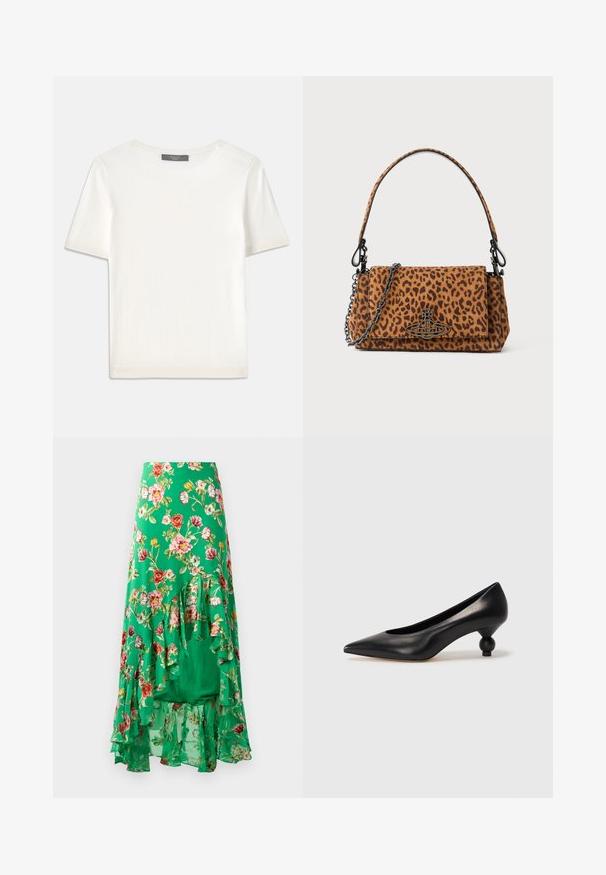 Bílý pletený top s krátkým rukávem a kulatým výstřihem, s hladkou strukturou a jemnými ribovými akcenty na rukávech a lemu.; Květinová maxi sukně z lehkého materiálu, s zeleným pozadím a různobarevnými květinami, a vrstvami volánků na lemu.; Černá kožená vysoká bota na podpatku s špičatou špičkou a kulatým, zaobleným podpatkem. Hladká textura s elegantním, minimalistickým designem.; Kabelka s leopardím potiskem vyrobená z semiše, s krátkým uchom, řetízkovým popruhem a černým kovovým zapínáním. Obdélníkový tvar s klopou.
