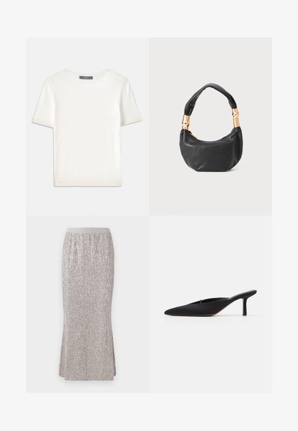 Valkoinen lyhythihainen neulepaita, jossa on pyöreä kaula-aukko. Paidan pinnassa on sileä rakenne ja hihansuissa sekä helmassa hienostuneet ribbineulekoristeet.; Polvisyvyinen, hopeista kimalletta sisältävä hame, jossa on tiukka vyötärö, pystysuoria kimalluskuvioita ja sivuaukot liikkumisen helpottamiseksi.; Mustat kärkitossut, joissa on tyylikäs muotoilu, valmistettu sileästä kankaasta. Tossuissa on hoikka korko ja avoin takapuoli, mikä tekee niistä helppokäyttöiset.; Musta nahkalaukku pyöreällä muodolla, pehmeällä pinnalla ja solmulla varustetulla kahvalla, jossa on kultasävyiset yksityiskohdat. Vetoketjusuljenta.