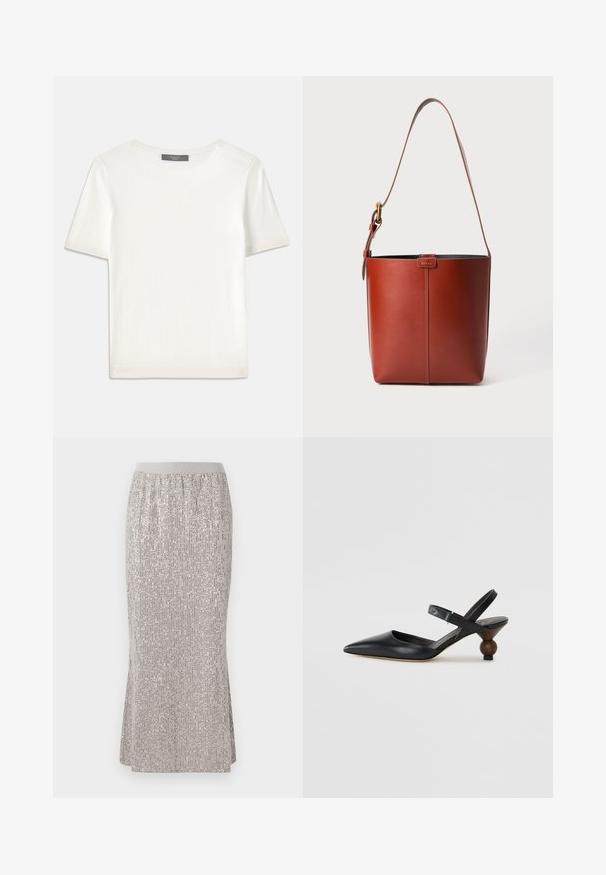 Balta īsām piedurknēm adīta blūze ar apaļu kakla izgriezumu, kurai ir gluda tekstūra un smalki riboti akcenti pie piedurknēm un apakšmalas.; Zīda garuma, sudraba spīguļota svārki ar pieguļošu jostasvietu, ar vertikāliem spīduma rakstiem un sānu iegriezumiem vieglākai kustībai.; Melnas ādas siksniņu kurpes ar smailu purngalu, izliektu dizainu un apaļu koka līdzīgu papēdi. Iekļauta šaura potītes siksna.; Brūns ādas spainis ar regulējamu plecu siksnu un zelta toņa sprādzi, vienkārša vertikāla šuve priekšpusē.