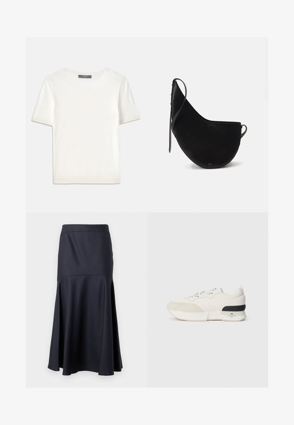 Vit kortärmad stickad topp med rund halsringning, med en jämn textur och subtila randiga detaljer vid ärmarna och fållen.; Svart hög midja A-linje kjol med sömdetalj under höfterna, som vidgar sig mot fållen, visad mot en plain bakgrund.; Vit sneakers med en texturerad mocka tåbox, slät meshovandel, dekorativa snören och en svart gummihälaccents.; Svart läderhandväska med en kurvig månskepnad, med en smal rem och subtila guldfärgad logotyp på framsidan. Slät textur med minimal hårdvara.