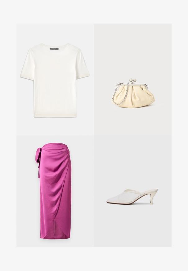 White short-sleeve knit top with a round neckline, featuring a smooth texture and subtle ribbed accents at sleeves and hem.; Pink wrap skirt with a side tie, featuring draped fabric, smooth texture, and an asymmetric hemline. Lightweight material with a flowing design.; White mesh pointed-toe mule with a slim mid-height heel and slip-on design against a plain background.; Pleated beige leather clutch with a silver metal frame, featuring two round decorative clasps and a silver chain strap.