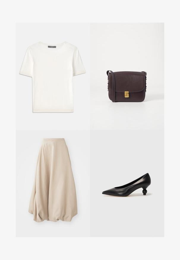 Baltas trumpas rankovėmis megztinis su apvaliu kaklu, pasižymintis lygia tekstūra ir subtiliais raštuotais akcentais rankovėse bei apykaulyje.; Šviesiai ruda balioninė sijonas, pagamintas iš minkštos medžiagos. Turi aukštą liemenį ir tūrinį dizainą su susiraukšlėjusia tekstūra apvadu.; Juoda odinė aukštakulnė bateliai su smailiu pirštu ir apvaliu, iškiliu kulnu. Lygus paviršius su elegantišku, minimalistiniu dizainu.; Tamsiai rudos odos per petį nešiojama rankinė su užklotu, turinti auksinę užsegimą ir dekoratyvinius auksinius akcentus šone. Lygus paviršius.