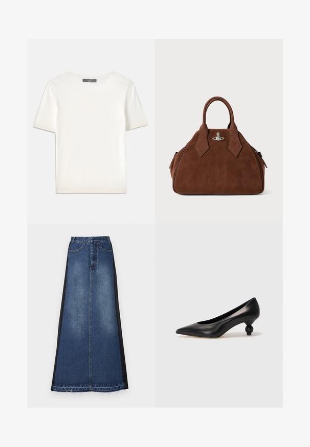 Top tricotat alb cu mânecă scurtă, cu decolteu rotund, având o textură netedă și accente subtile cu nervuri la mâneci și la margine.; Fustă maxi din denim, cu un corp principal albastru și panouri laterale negre, cu croi drept, margine desfăcută și design clasic cu cinci buzunare.; Pantofii cu toc înalt din piele neagră, cu vârf ascuțit și toc rotund, mimos. Textură netedă, cu un design elegant și minimalist.; Geantă din suede maro cu două mânere superioare și un mic logo în formă de orb central de argint.