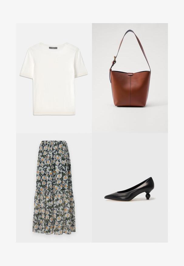 Top corto a maniche corte di colore bianco, in maglia, con scollatura rotonda. Presenta una texture liscia e accenti a coste sottili sulle maniche e sull'orlo.; Gonna maxi floreale con uno sfondo scuro, margherite bianche e centri arancioni. Vita arricciata e design a strati con una texture traslucida.; Scarpa con tacco alto in pelle nera, con punta affilata e tacco arrotondato e bombato. Texture liscia con un design elegante e minimalista.; Borsa a spalla in pelle marrone con forma curvata, texture liscia e una sottile tracolla. Presenta una cucitura discreta e un piccolo dettaglio con logo.