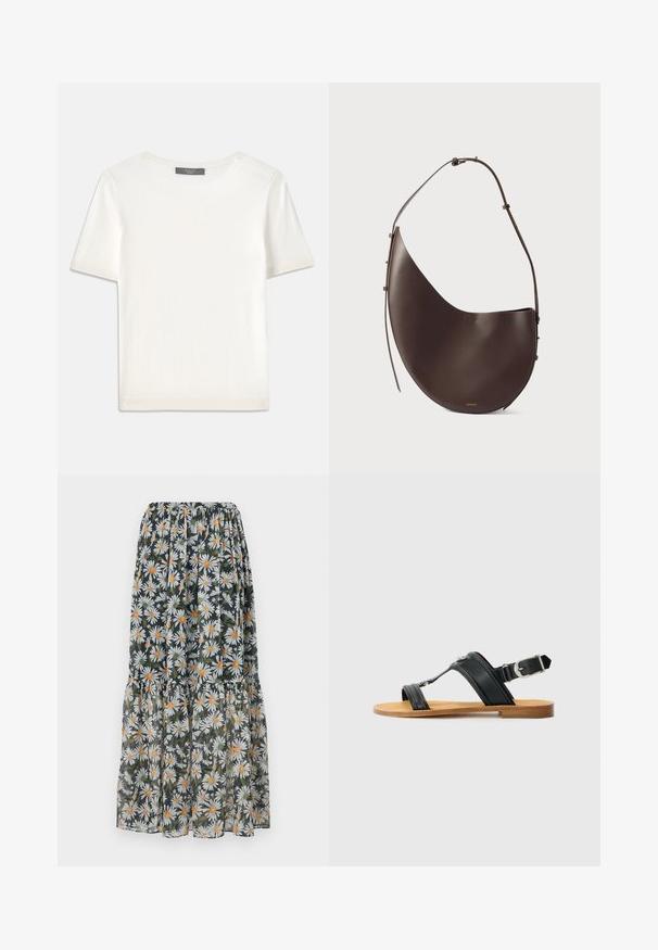 Haut tricot blanc à manches courtes avec un col rond, présentant une texture lisse et des accents côtelés subtils aux manches et à l'ourlet.; Jupe maxi florale avec un fond sombre, ornée de marguerites blanches et de centres orange. Taille froncée et design superposé avec une texture translucide.; Sandale en cuir noir avec boucle réglable, semelle plate couleur tan, et deux larges bandes se croisant sur le pied, design minimaliste.; Sac à main en cuir brun avec une forme incurvée, une seule sangle et un design minimaliste. Présente un logo subtil et des accents en hardware doré.