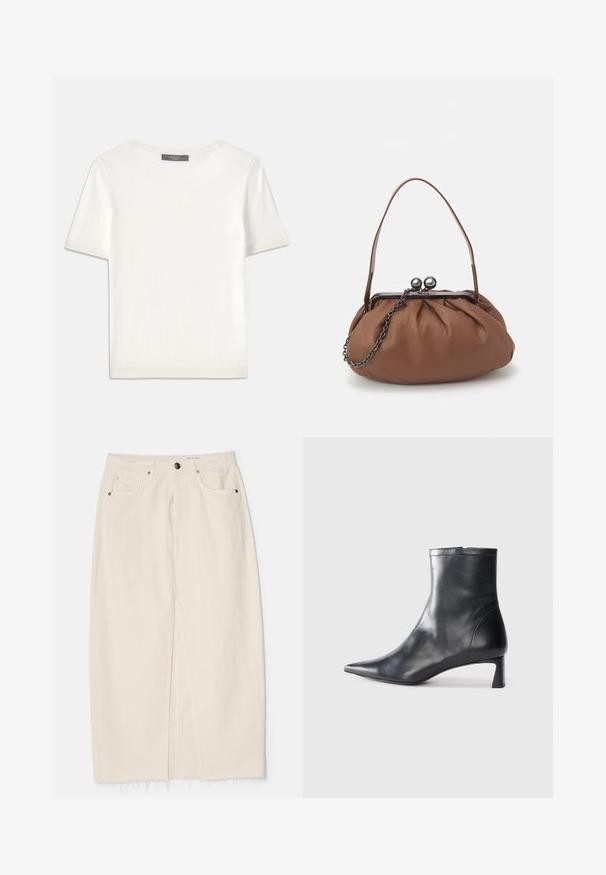 Witte gebreide top met korte mouwen en een ronde halslijn, met een gladde textuur en subtiele ribgebreide accenten bij de mouwen en de zoom.; rag & bone AVERY SKIRT - Jeansrok - ecru; Zwarte leren enkellaars met een spitse neus en een slank ontwerp. Heeft een lage hak en een ritssluiting aan de achterkant. Gladde textuur.; Bruine leren handtas met een geplooid ontwerp, een korte leren handgreep en een kettinghengsel. Voorzien van een zilveren metalen sluiting met twee ronde accenten.