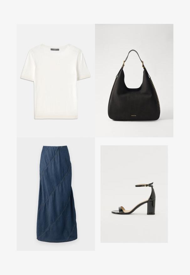 Fehér, rövid ujjú kötött felső, kerek nyakkivágással, sima textúrával és diszkrét bordázott részletekkel az ujjain és az alján.; Tépett kék farmer maxi szoknya, ferde varrási mintázattal és rugalmas derékkal, amely strukturált, áramló formát kölcsönöz.; Fekete lakkbőr szandál széles sarokkal, nyitott orral és bokapánttal, amelyen arany csat található. Sima felület és elegáns dizájn.; MICHAEL Michael Kors NOLITA HOBO  - Kézitáska - black