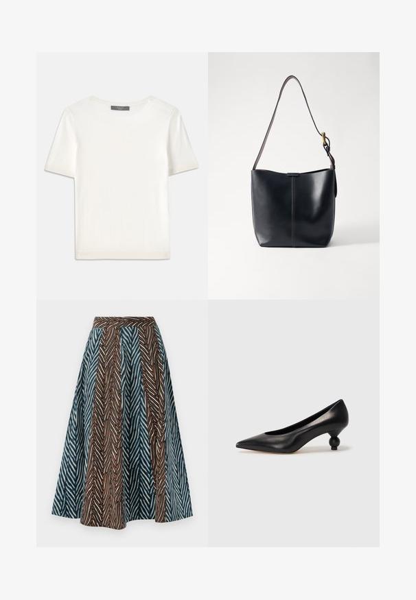 Witte gebreide top met korte mouwen en een ronde halslijn, met een gladde textuur en subtiele ribgebreide accenten bij de mouwen en de zoom.; Bruine en blauwe midi rok met een zigzagpatroon, geplooid ontwerp en een aansluitende tailleband. Gemaakt van lichtgewicht stof.; Zwarte leren hoge hak schoen met een spitse neus en een ronde, bolle hak. Gladde textuur met een elegant, minimalistisch ontwerp.; Zwarte leren schoudertas met een gladde textuur, voorzien van een dunne, lange schouderband en een subtiele stiknaad in het midden.